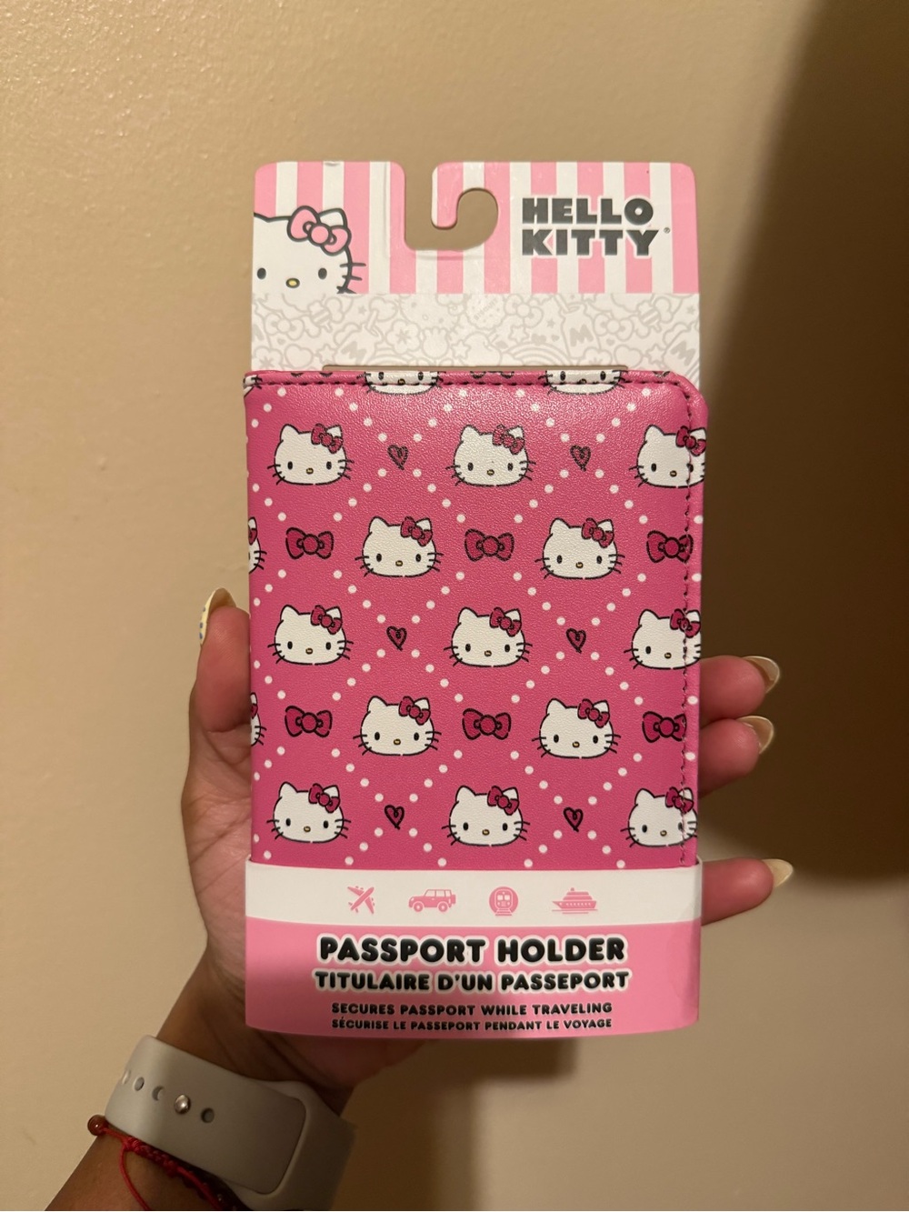 Hello Kitty Pink Travel Passport Holder with Patterned Bow Design